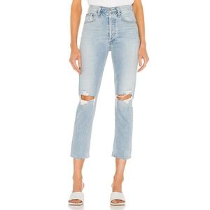 AGOLDE Riley High Rise Straight Crop Jeans Clear Skies 26 Distressed Button Fly